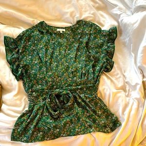 Emerald Green floral waist tie shirt